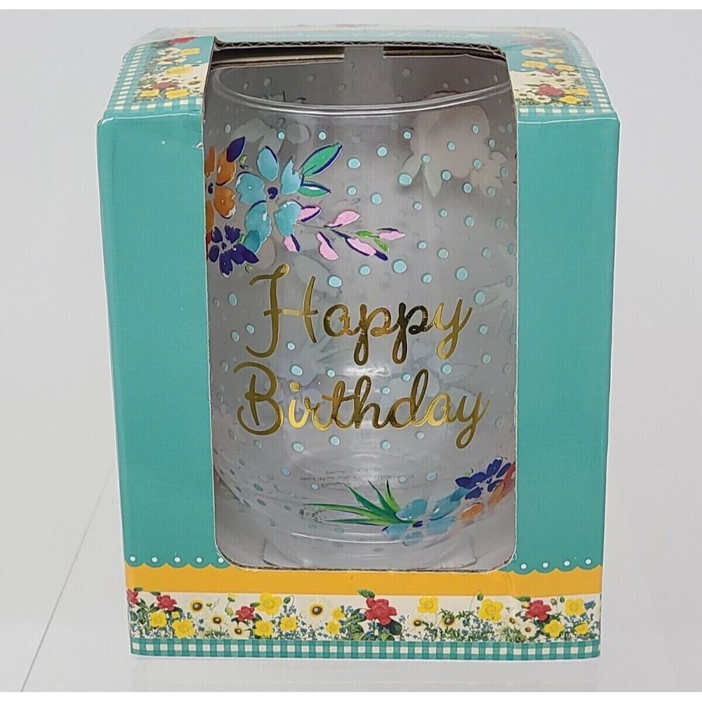 Pioneer Woman Stemless Wine Glass Floral Happy Birthday Glass Gold Letters 20oz
